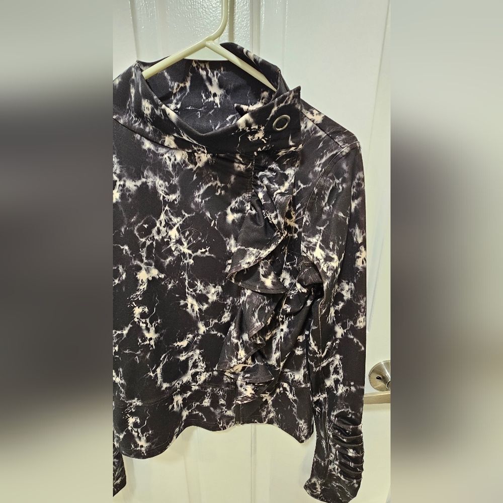 Karma “San Suu” Asymmetrical Ruffle Mock Neck Athletic Jacket | Marble Print - Picture 2 of 4